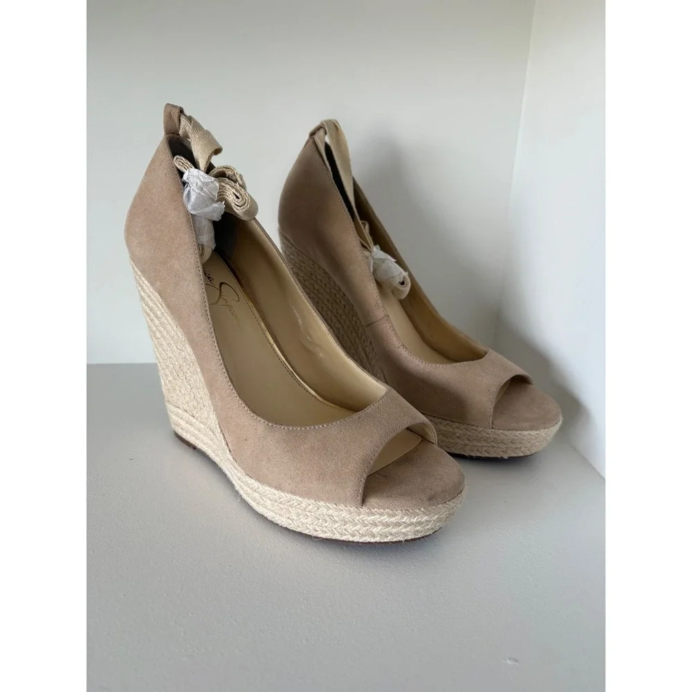 Jessica Simpson Zavida Tan Faux Suede Espadrille Wedge Ankle Tie Sandals 11M